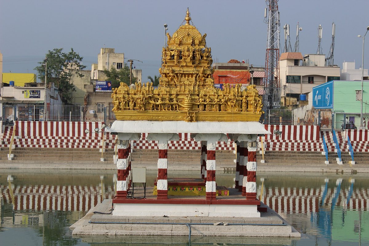 The golden mandapam in the temple tank at Tiruchanur