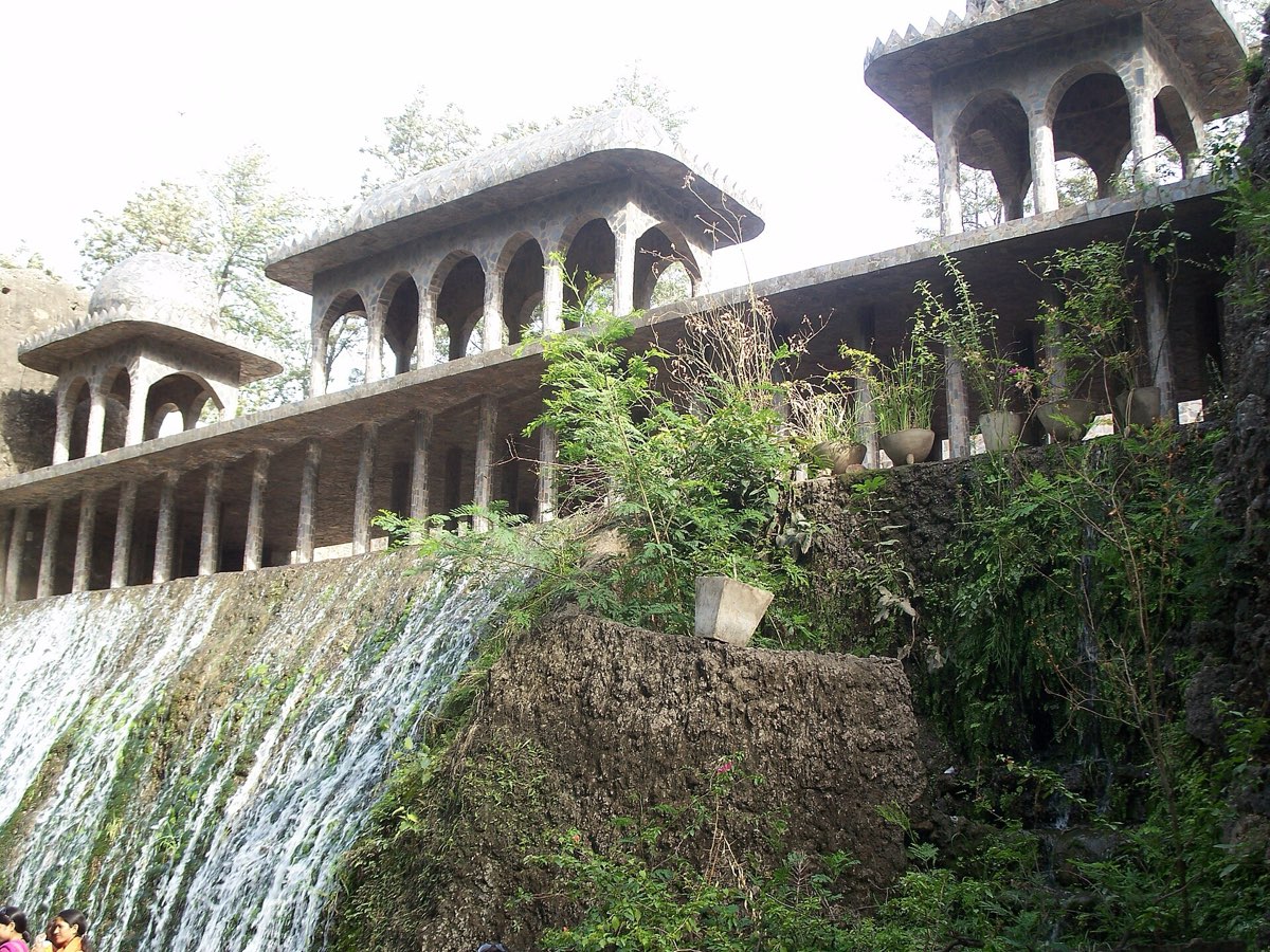 Waterfall and arcaded pavilions inside the Rock Garden, Chandigarh