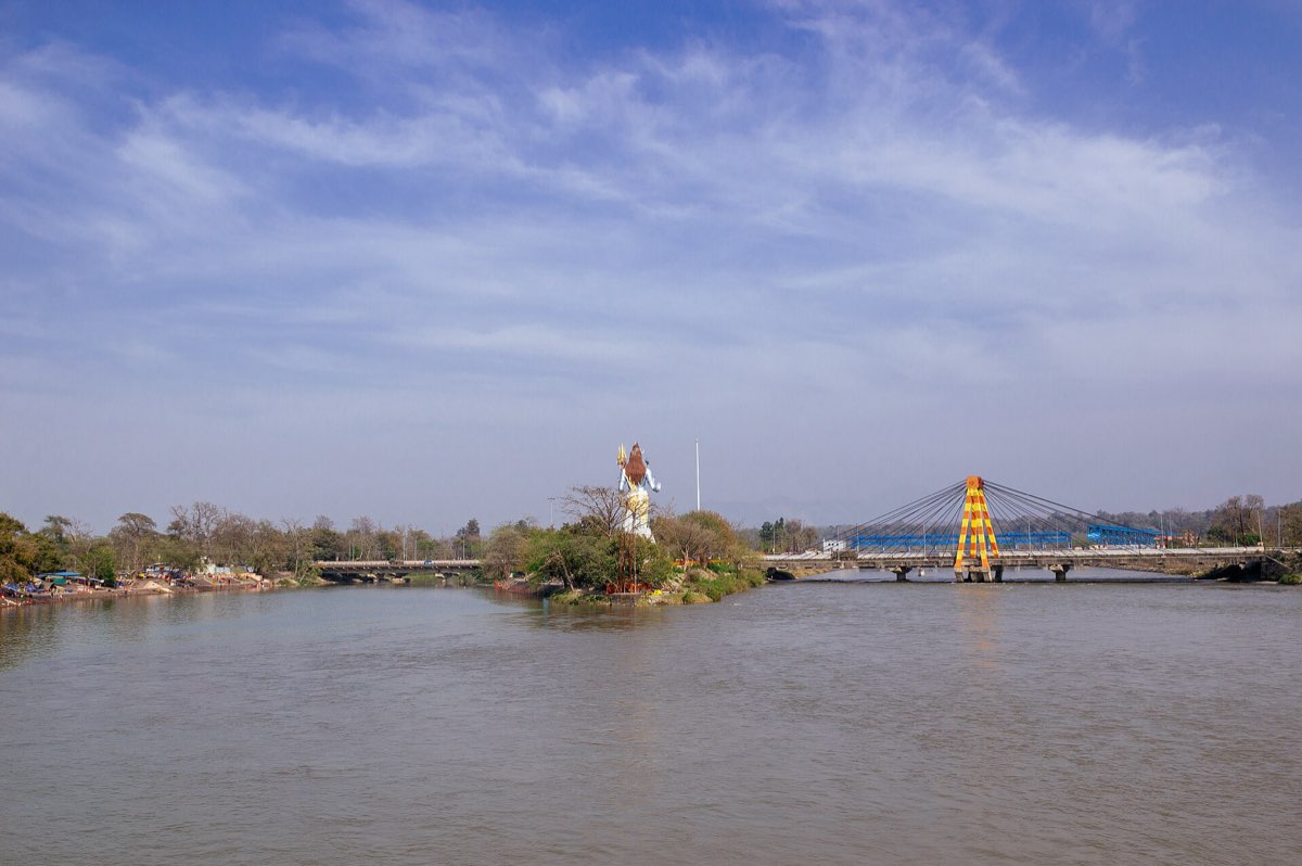 The Ganga and ghats at Haridwar seen from a footbridge