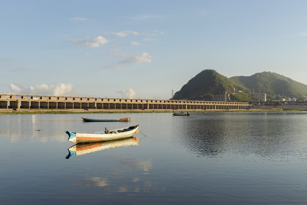 Fishing boats on the Krishna below the Prakasam Barrage, Vijayawada