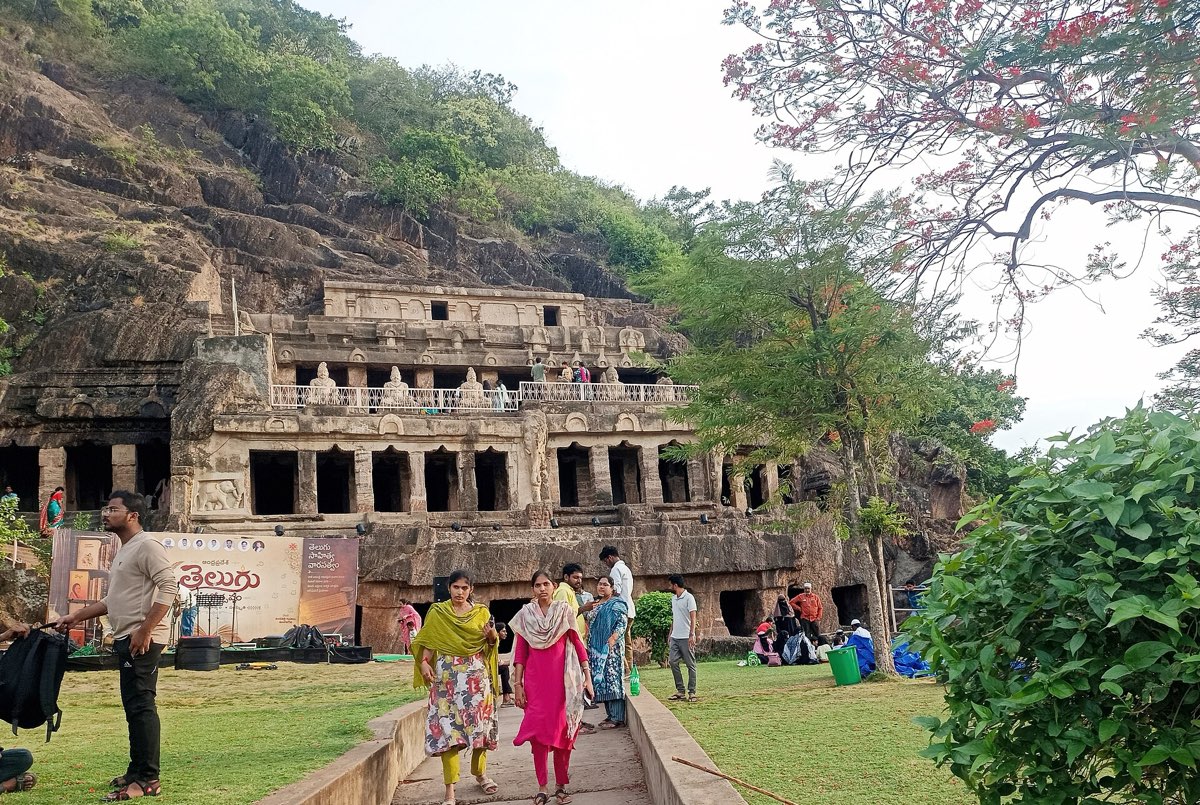 The rock-cut facade of the Undavalli Caves near Vijayawada